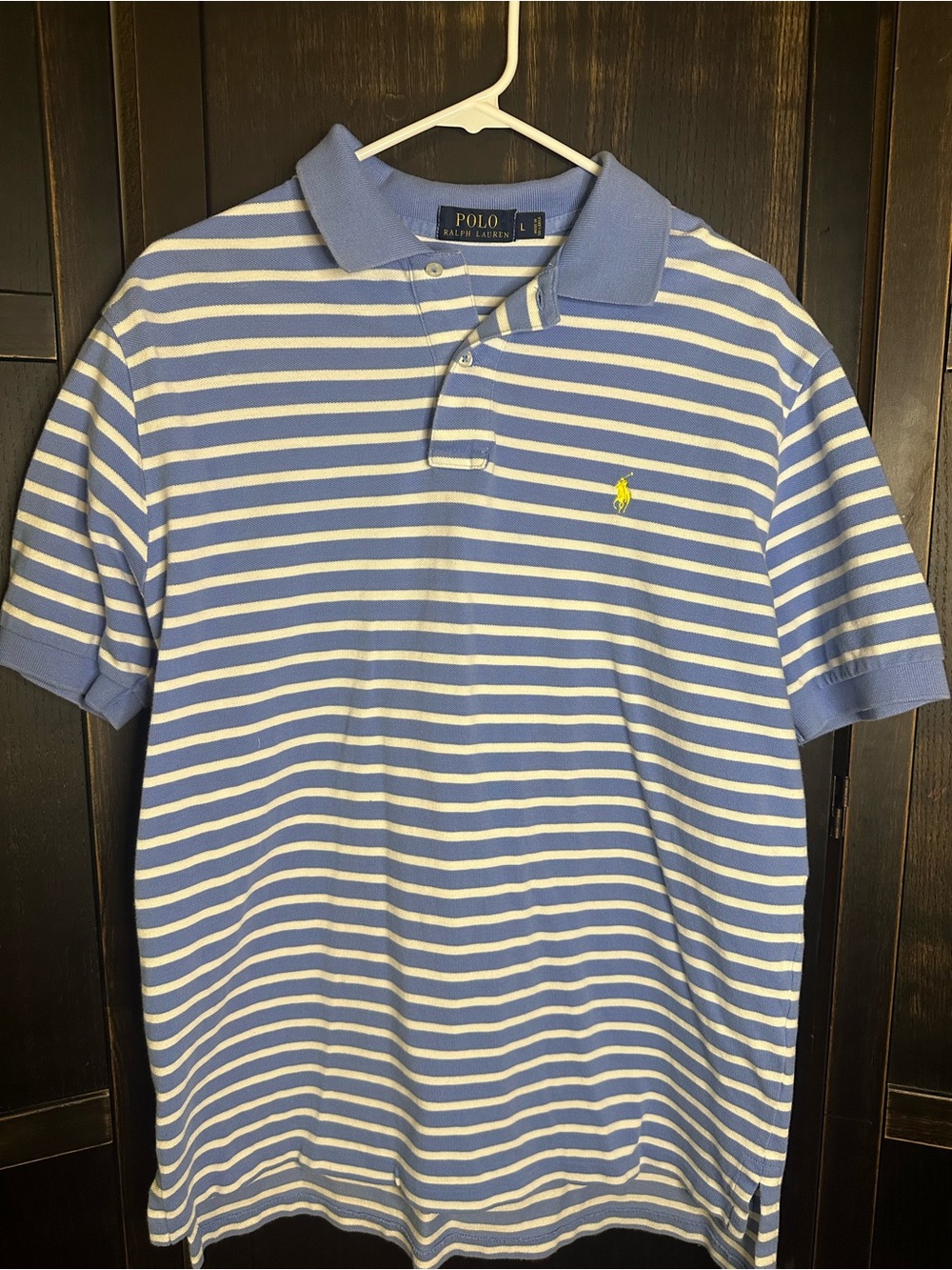 Ralph Lauren Blue and White Striped Polo with Yellow Logo